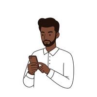 An illustration of a man holding a phone vector