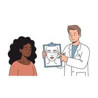 A doctor is holding a clipboard and showing a woman a face vector