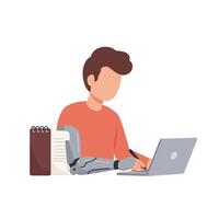 A man with a robot arm sitting at a desk with a laptop vector