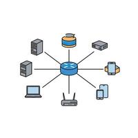 A diagram of a network with various devices connected to it vector