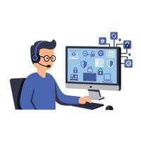 A man wearing glasses and headphones is sitting at a computer with icons on the screen vector