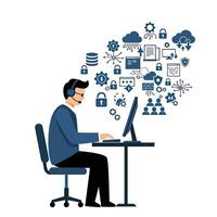 A man is sitting at a desk with a computer and a phone vector