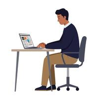 Man sitting at desk with laptop on white background vector