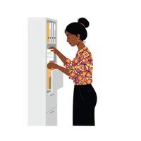 An illustration of a woman putting papers in a cabinet vector