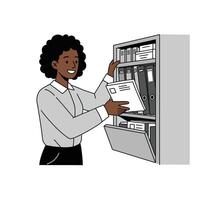 A woman is holding a folder and looking at it vector