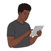 An illustration of a young man using a tablet vector
