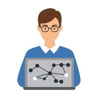 A man with glasses and a laptop is holding a network diagram vector