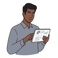 A man holding a tablet with graphs on it vector