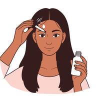A woman is using a bottle of hair product vector