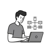 A man is working on a laptop computer with a network diagram vector