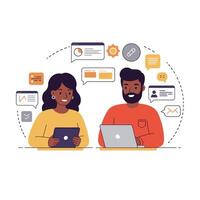 Two people sitting at a table with laptops and icons vector