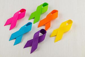 Colorful awareness ribbons, representing various health campaigns and support photo