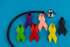 Colorful awareness ribbons represent various cancer and health campaigns photo