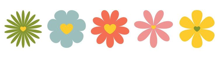 Set of Colourful Retro Daisies Chamomile with Heart Centers. Chamomile icon. Vintage 70's style. Set of stylish floral elements in vintage palette, decorative floral symbols in flat design vector