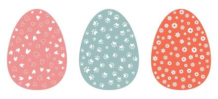 Set of decorative Easter Eggs with patterns. Collection of cute spring designs with Hearts, Paw Prints, and Flowers in pastel colors for festive decor, greeting cards, and prints vector