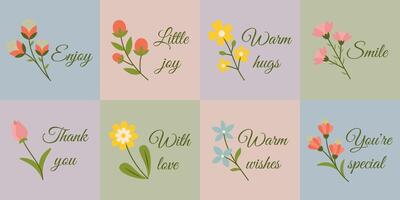 Set of Floral Greeting Card Designs with Inspirational Quotes in the style of With Love. Illustration with Elegant Hand-Drawn Flowers and Calligraphic Text for Postcards, Invitations, and Prints vector