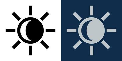 Day and night. Black and white sun icons with the moon. Symbols of brightness and dark mode. Brightness control icons vector