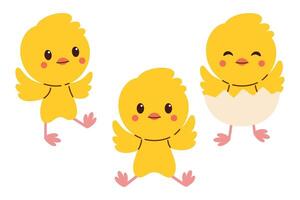 Cute Set of Adorable Yellow Baby Chicks in Different Playful Poses. One Hatching from an Eggshell. Symbolizing Easter, Spring, and New Beginnings, Renewal. vector