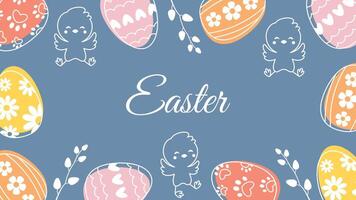 Festive Easter Background with Decorative Colorful Eggs, Cute Hand-Drawn Chicks, and Spring Elements on a Blue Pastel Background. Holiday Greeting Card or Invitation Design vector