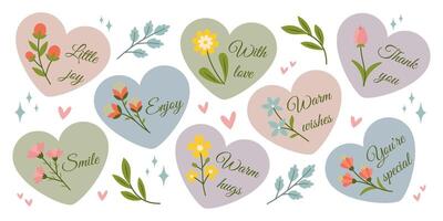 Floral Heart Stickers with Inspirational Quotes in the style of With Love. Romantic and Elegant Set for Greeting Cards, Scrapbooking, and Digital Designs. Warm wishes in pastel colours vector