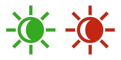 Day and night. Green and red sun icons with the moon. Symbols of brightness and dark mode. Brightness control icons vector
