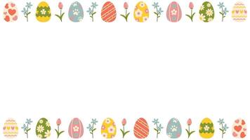 Easter frame with decorative eggs, flowers, and tulips in pastel tones. Spring background for greeting cards, invitations, and celebrations. Easter Border with place for text vector
