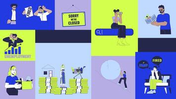 Economic struggles and job loss animated bento grid layout. Unemployment, financial hardship, workforce crisis 2D animation flat cartoon ui collage design. 4K motion graphic collection video