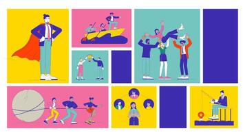 Leadership and teamwork for success animated bento grid layout. Corporate collaboration, motivation, goal achievement 2D animation flat cartoon ui collage design. 4K motion graphic collection video