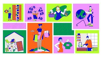Sustainable shopping and overconsumption animated bento grid layout. Clutter home, fashion waste, responsible consumer 2D animation flat cartoon ui collage design. 4K motion graphic collection video