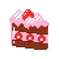 Chocolate slice of cake with whipped cream and strawberries in pixel style. Hand drawn illustration for retro-themed projects and celebrations. vector