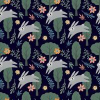 Spring seamless pattern. Cute Easter bunny, trees and flowers on a dark background. illustration for greeting card, fabric, packaging, wrapping paper vector