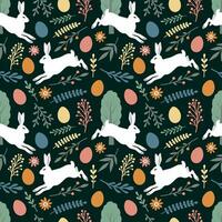 Easter seamless pattern. Easter bunny, eggs and flowers on a dark green background. illustration for card, wrapping paper, fabric, background, packaging vector