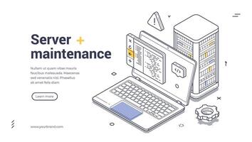 Web banner template for server maintenance services with isometric design and line art vector