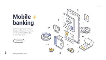 Explore mobile banking solutions with this isometric web banner design template vector