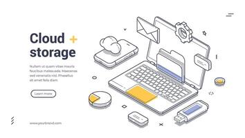 Elegant isometric web banner template for cloud storage solutions featuring modern design elements vector
