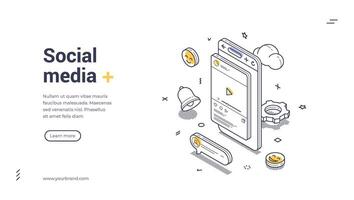 Social media web banner template featuring isometric design elements and clean line art vector