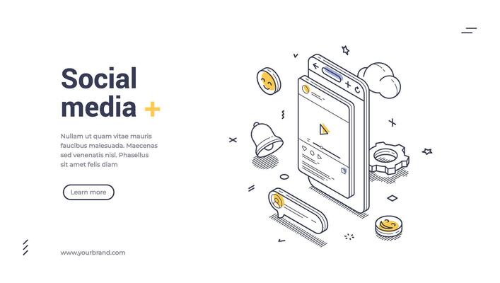 Social media web banner template featuring isometric design elements and clean line art