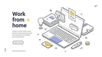 Work from home web banner template featuring isometric design elements and line art vector