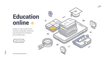 Online education web banner template featuring isometric line art design for digital learning vector