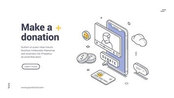 Donate online with this isometric web banner template for charitable initiatives vector
