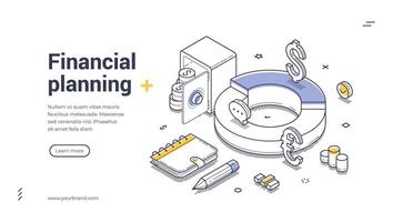 Financial planning web banner template in isometric line art design style vector