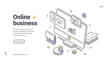 Web banner template for online business showcasing isometric design and illustrations vector