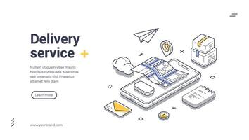 Web banner template for delivery service featuring isometric line art design vector