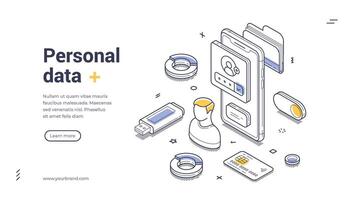 Isometric web banner template featuring personal data security and technology design vector