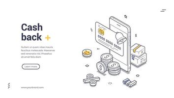 Cash back reward web banner template featuring isometric design and elements vector