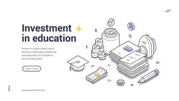 Investment in education web banner template featuring isometric design and line art elements vector