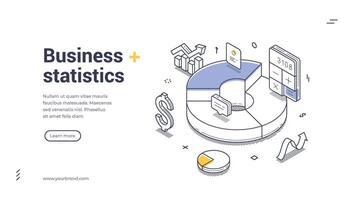 Business statistics web banner template featuring isometric design and line art elements vector