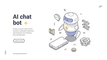 Design template for an isometric web banner featuring an AI chat bot character vector
