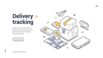 Web banner template for delivery tracking in isometric line art design vector