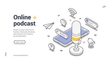 Engaging online podcast web banner template with isometric design elements and vibrant illustrations vector